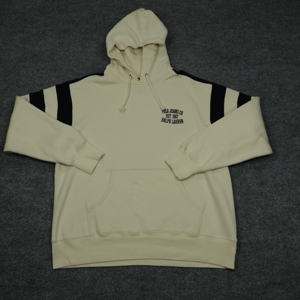 Polo Jeans Co Ralph Lauren Hoodie Mens Large Cream Navy Stripe Varsity Pullover